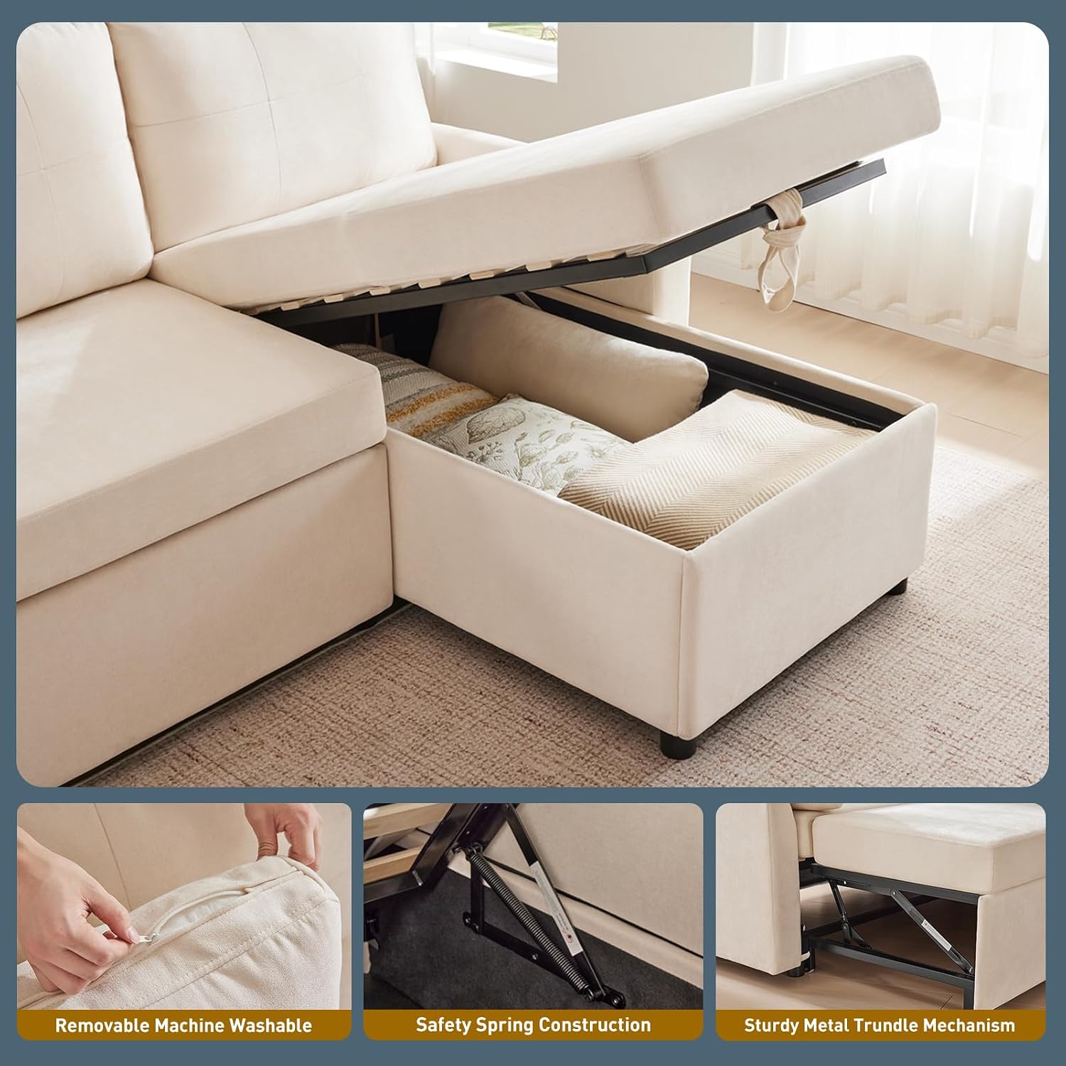 Waxberry 85' L Shaped Sectional Sofa Couch, Pull Out Couch Sleeper Sofa Bed for Living Room, Modular Chenille Deep Seat Sofa, Reversible Chaise, Storage, Side Pockets & Dual USB/Type-C Ports, Beige