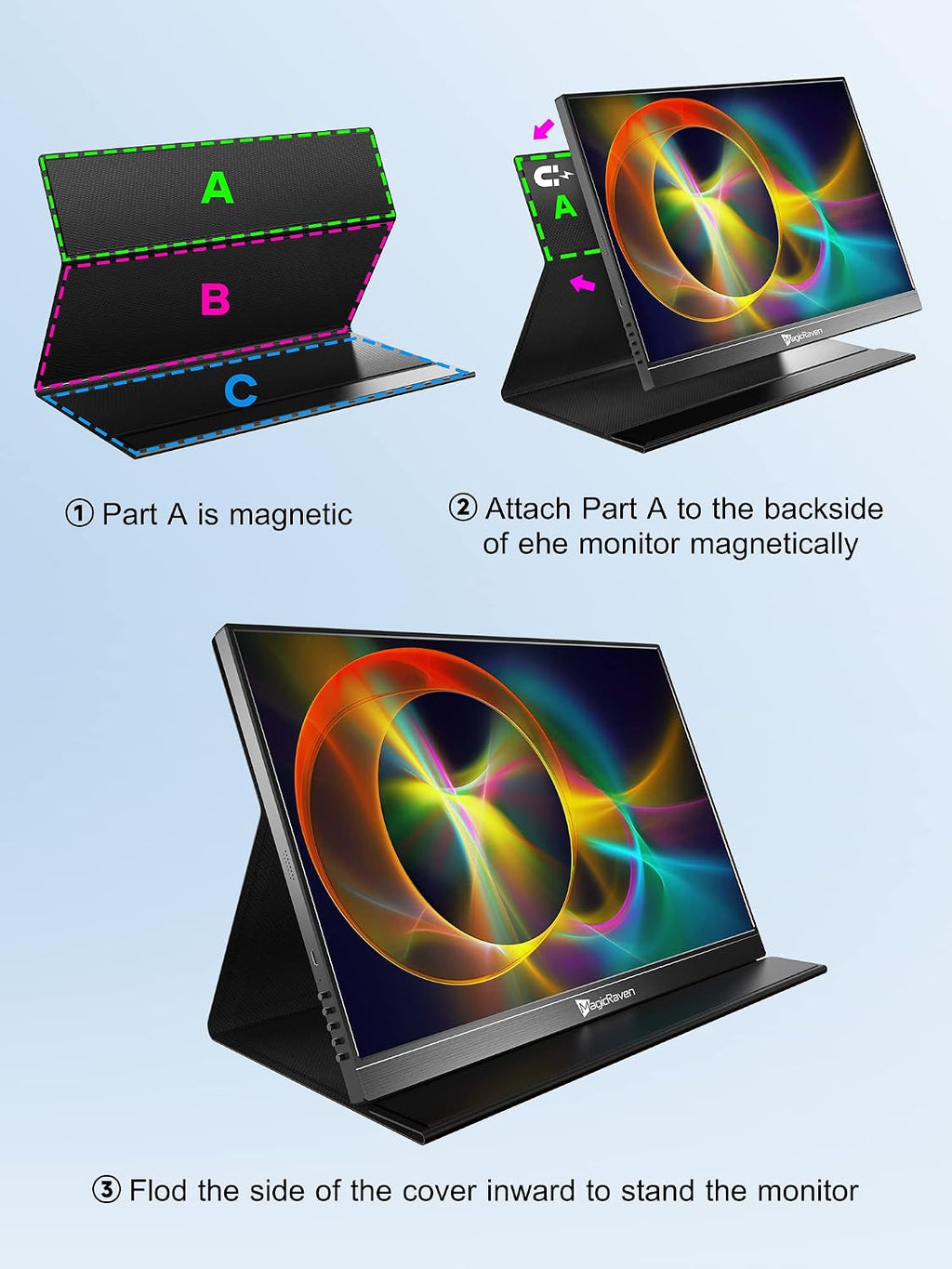 MAGICRAVEN 4K Portable Monitor, 16' 3840x2400 IPS Laptop Screen, 1500:1, 400 Nits Screen USB C HDMI Computer Gaming Display with Speakers & Smart Cover, Travel Monitor for PC Phone PS5/4 Xbox Switch
