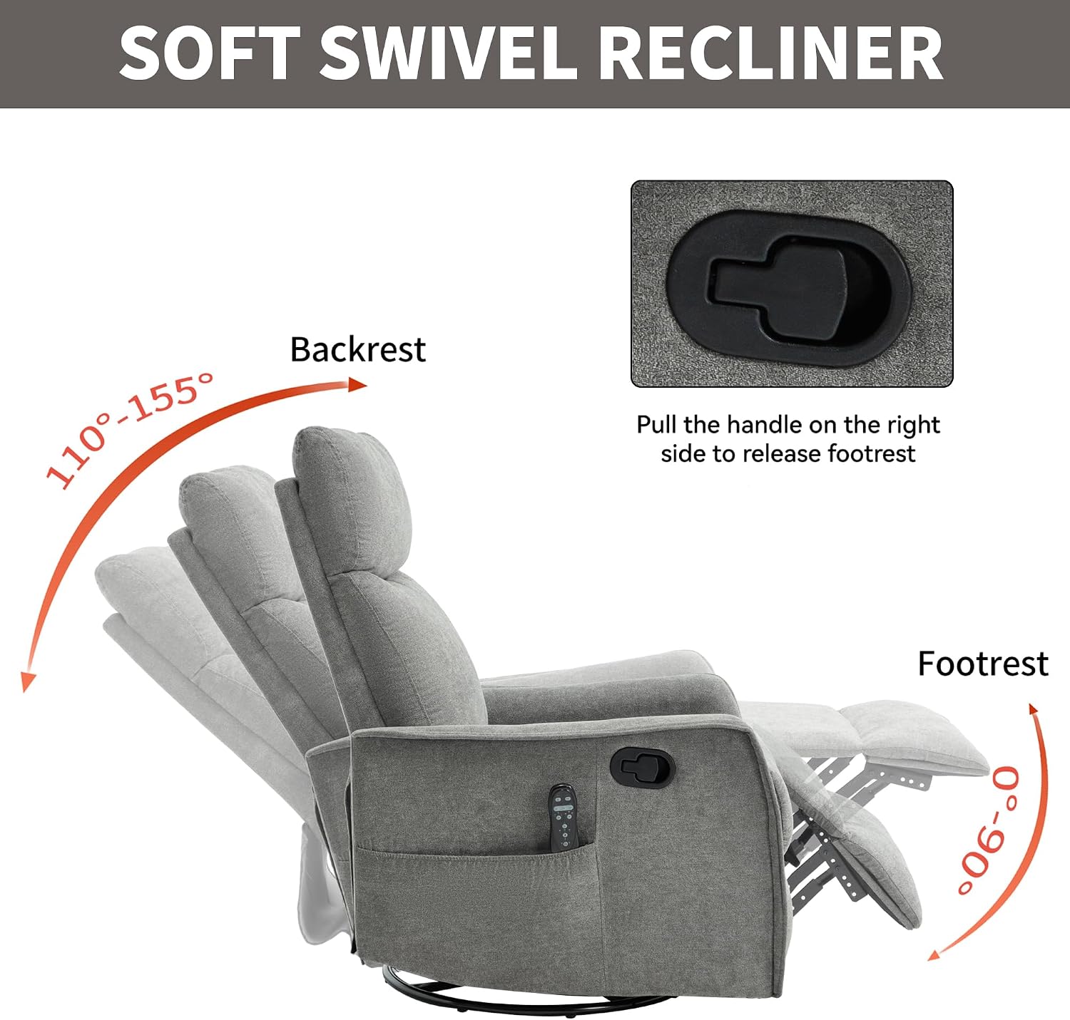 Massage Chair Recliner with Heat, 360° Swivel Glider Rocker with Reclining Backrest and Footrest, Manual Lazy Boy Recliners for Adults, Modern Nursery Rocking Chairs (Grey)