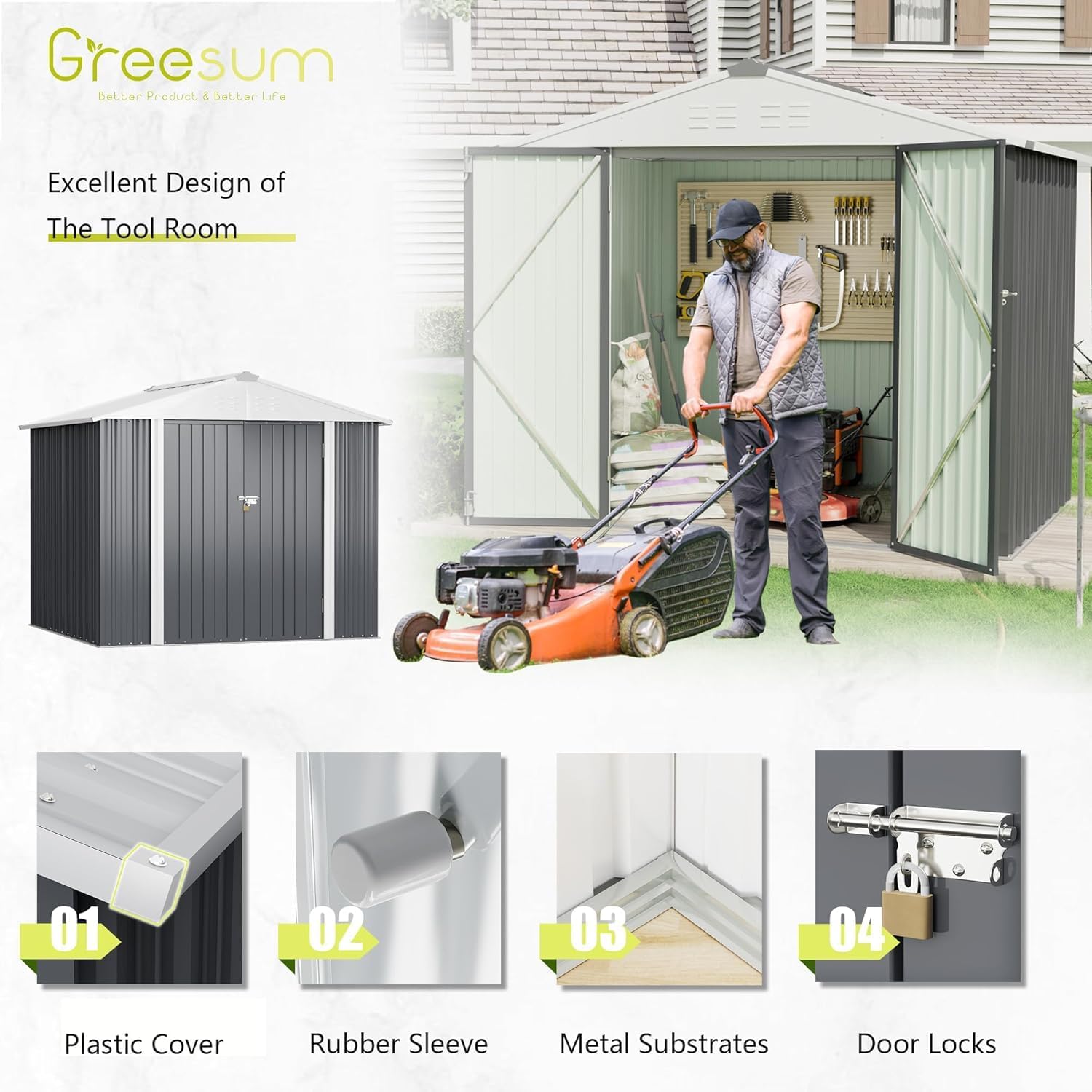 Greesum 8x6FT Outdoor Storage Shed, Utility Tool Shed with Sloping Roof, Metal Storaged Garden Shed with Door & Lock for Patio Storage, Gray