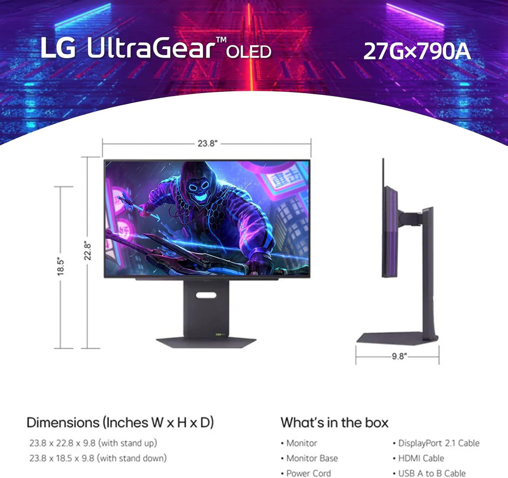LG 27' OLED QHD (2560 x 1440) Gaming Monitor, 480Hz, 0.03ms, FreeSync Premium Pro, G-Sync Compatible, DisplayHDR True Black 400, DCI-P3 98.5%, RGB Lighting, Adjustable Stand