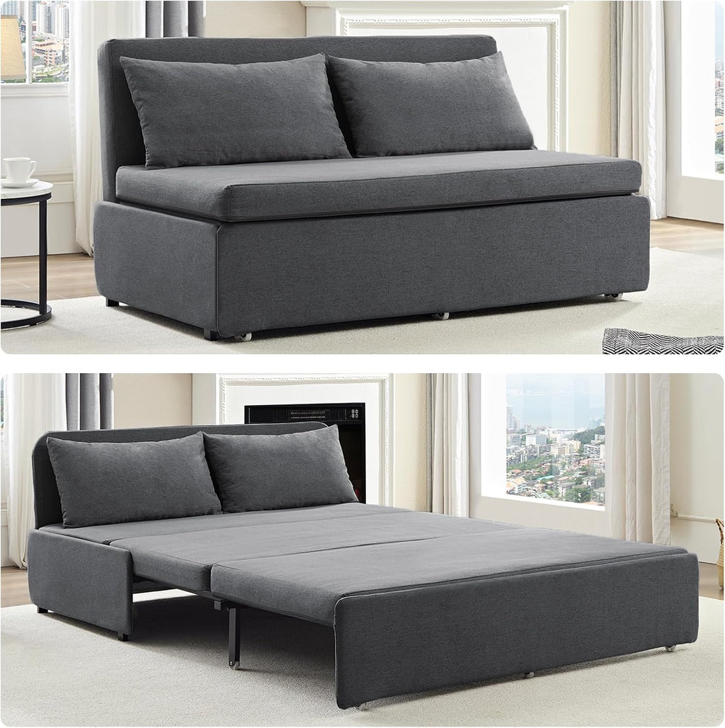 Mjkone 64' W Sofa Bed Queen Size with Pull Out Bed, 2-in-1 Modern Linen Living Room Pull Out Sleeper Sofa Couch Beds with Cushions &Throw Pillows for Apartment Office Studio Small Place, Dark Grey