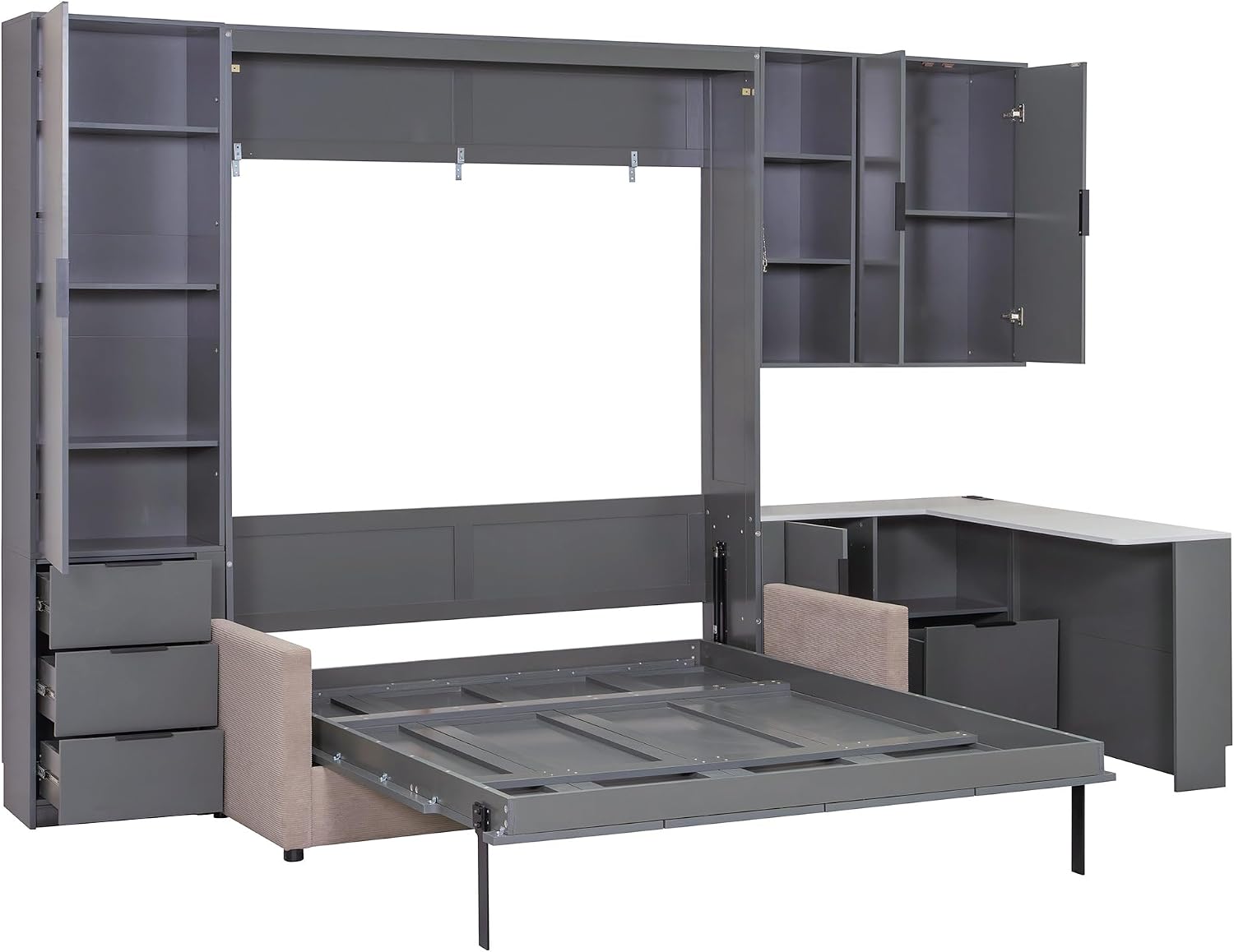 Merax Farmhouse Multi-Functional Murphy Bed with Sofa, Desk & Storage Cabinet,Solid Wood Foldable Wall Bed with/w/USB Charging Station Space Saving/No Box Spring Needed/Queen, Gray +Beige