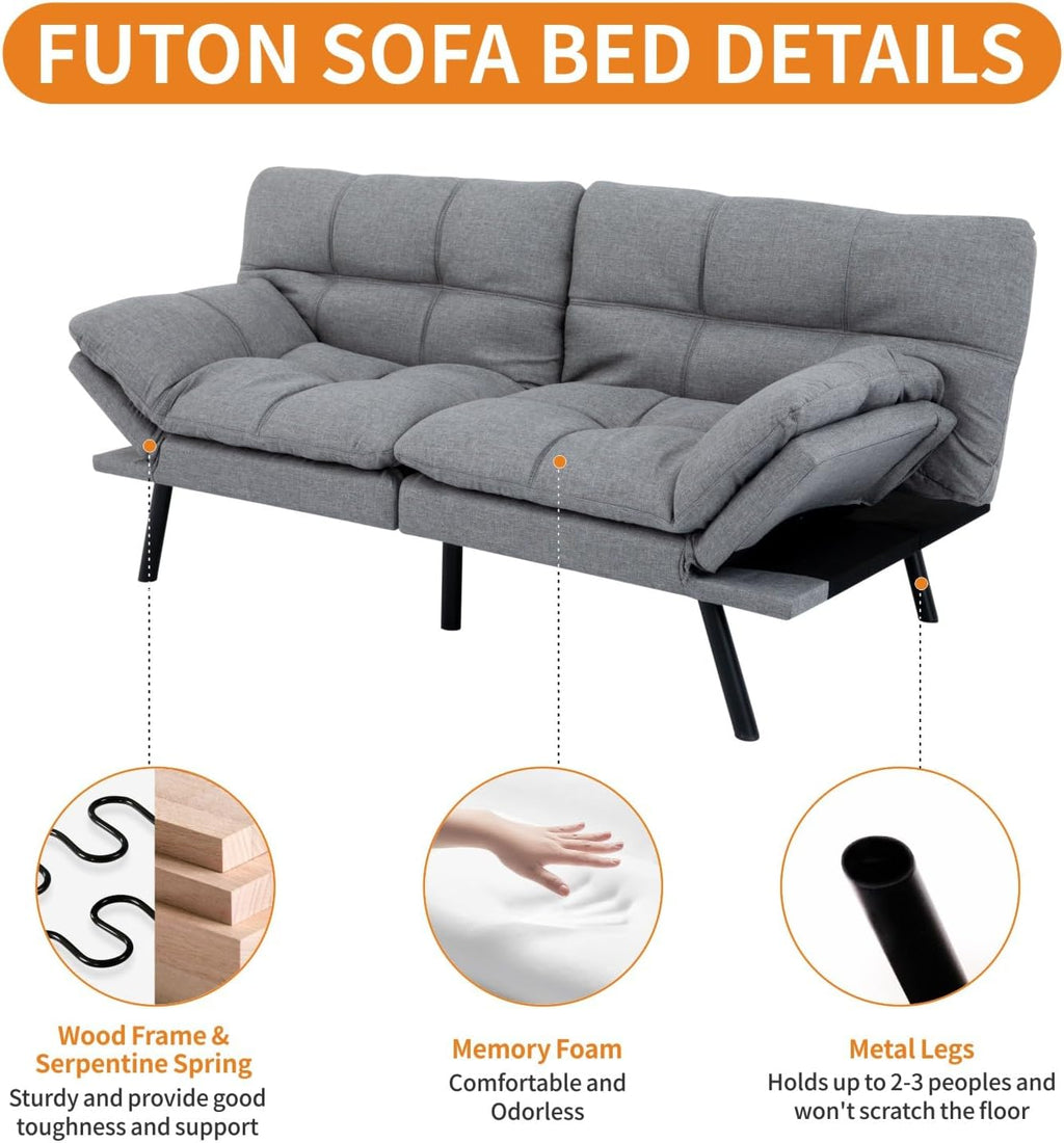 MUUEGM 71-Inch Convertible Futon Sofa Bed with Adjustable Backrest & Removable Armrests, Foldable Sleeper Loveseat for Small Space Living Room, Studio Apartment, Home Office，Light Gray