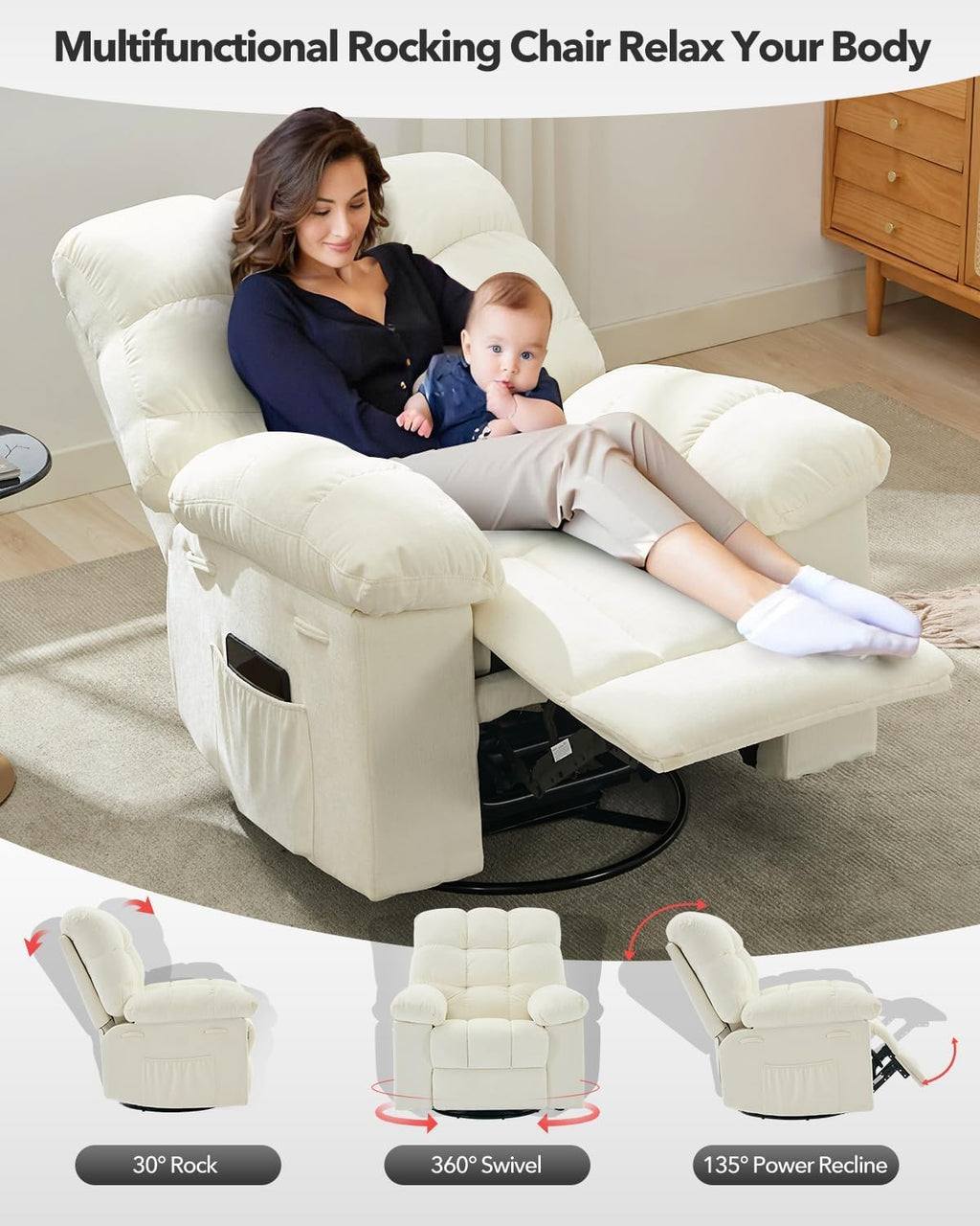 Rocking Recliner Chair, 360° Swivel Lazy Boy Recliner with Side Pockets, Upholstered Fabric Glider Nursery Chair for Living Room, Nursery & Small Spaces, Beige