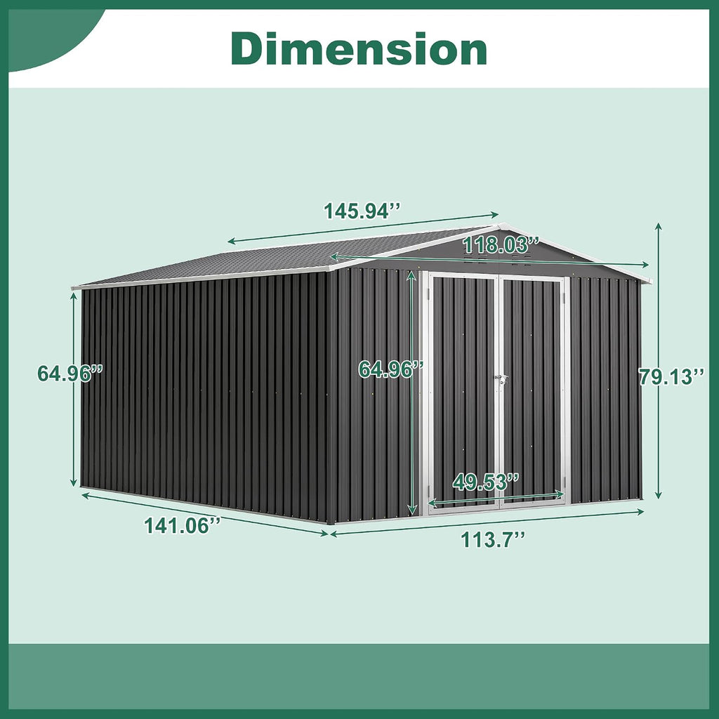 YOPTO 10x12 FT Outdoor Storage Shed,Utility Metal Tool Storage with Lockable Doors and Waterproof Roof, Large Garden Shed for Backyard, Patio Lawn, Black