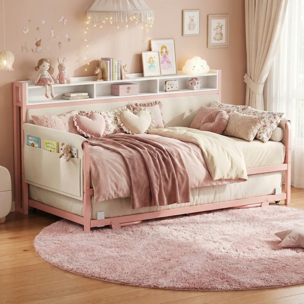 LIKIMIO Daybed with Trundle, Twin Bed Frame with Upholstered Headboard and Charging Station, Sofa Day Bed with Strong Supports for Living Room, Bedroom and Guest Room, Pink