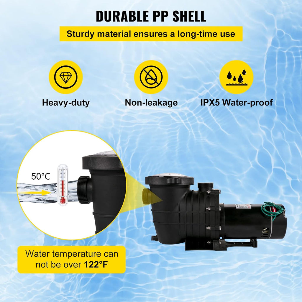 VEVOR 1HP Swimming Pool Pump, Dual Voltage 110V/220V, Circulates 5544GPH for Efficient Water Movement Above Pools, Includes Strainer Basket & Two 1-1/2'' NPT Connectors