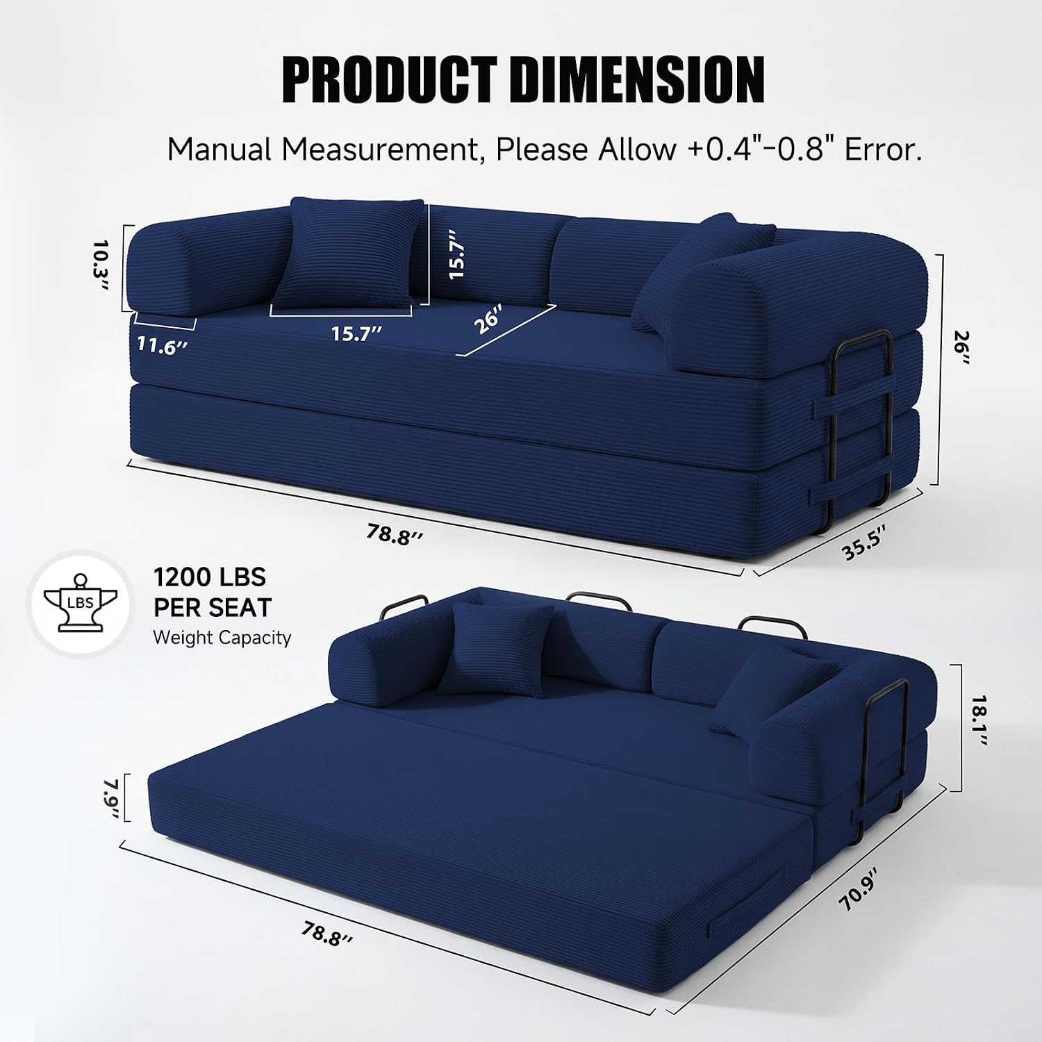 79' Compressed Sofa, Convertible Sofa Bed, Corduroy Compression Boneless Couch with Pillow, Comfy Modular Foldable Floor Sleeper Sofa for Bedroom, Living Room, Lounge, Studio (Dark Blue)
