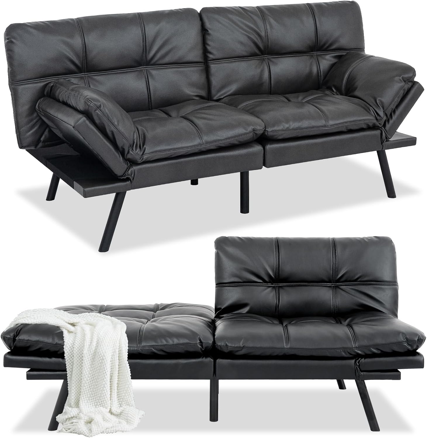 Opoiar Futon Sofa Bed Modern Memory Foam Sleeper Sofa Convertible Couch Adjustable Armrest&Backrest Black Matte Leather Futon for Living Space,Apartment,Office Sofabed