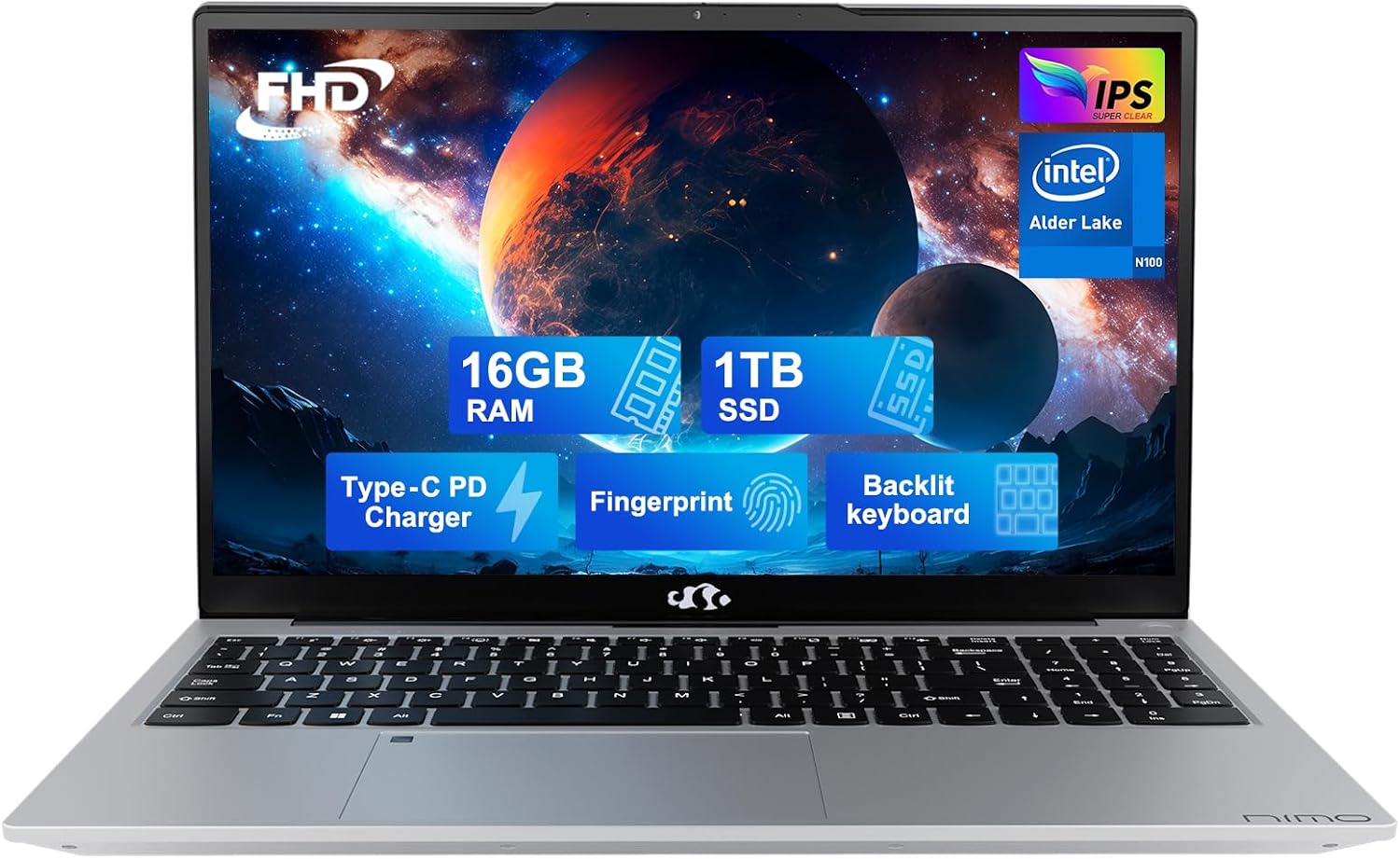 NIMO 15.6 FHD Student Laptop, 16GB RAM, 1TB SSD, Backlit Keyboard, Fingerprint, Intel Pentium Quad-Core N100 (Beat to i3-1115G4, Up to 3.4GHz), IPS Computer, Numpad, WiFi 6, Win 11, Silver