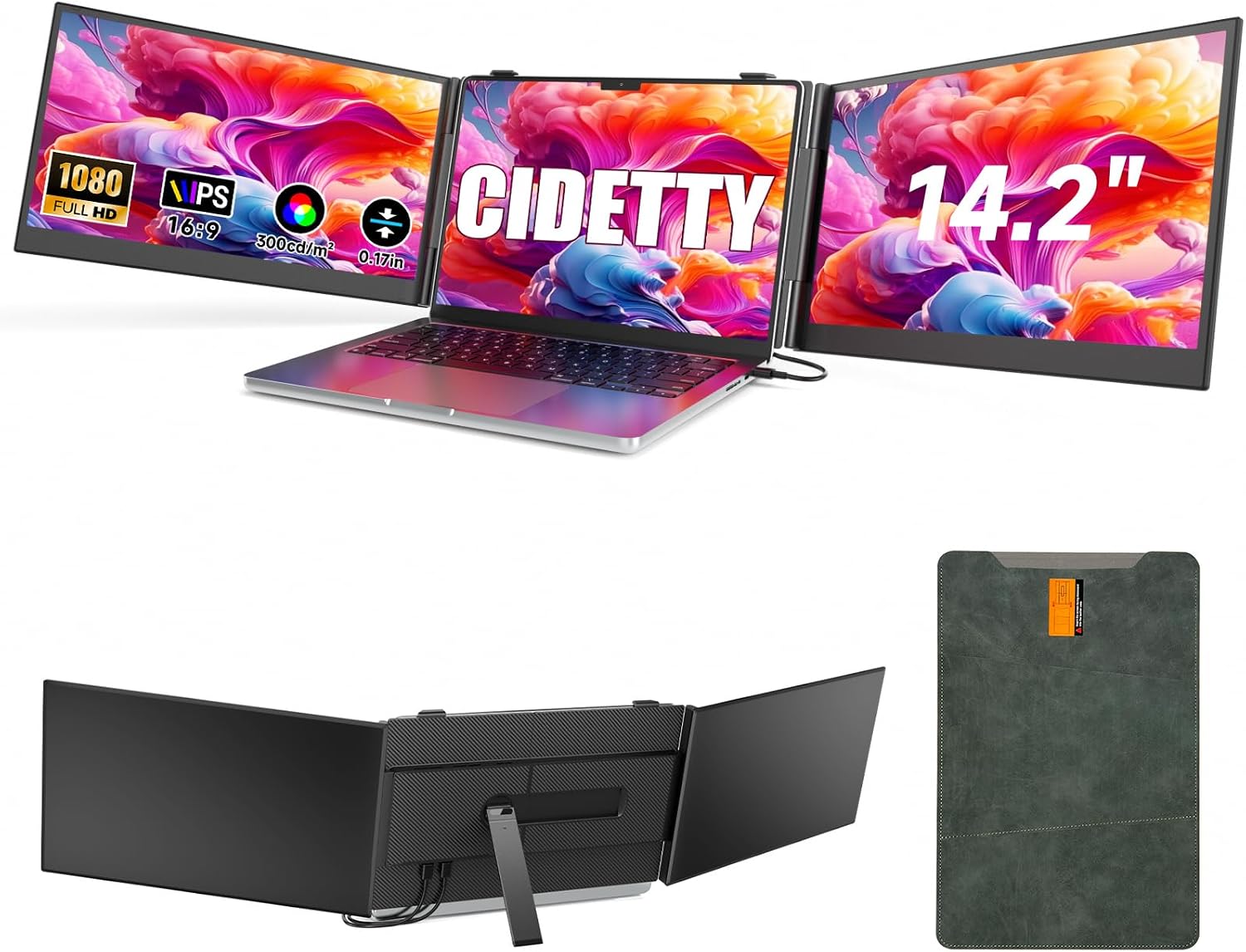 Ultra Thin Laptop Screen Extender Monitor Portable,14.2' 1080P FHD Lightweight Triple Screen,Portable Monitor for Laptops,Fit for 13-17' Laptop,Plug & Play Compatiable with Win/Mac/Chrome/Android