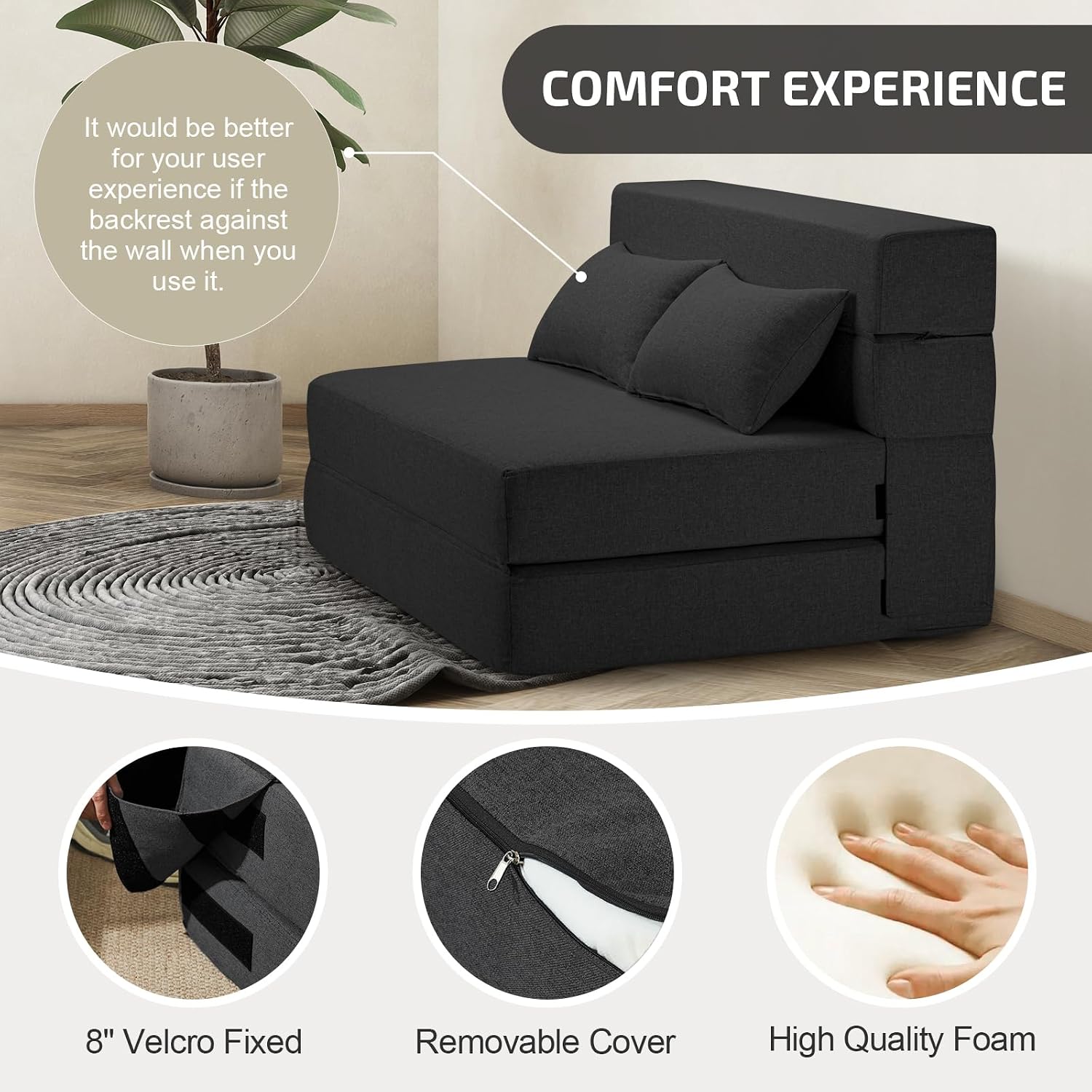 SUYOLS Folding Sofa Bed with Pillows- Convertible Chair Floor Couch & Sleeping Mattress, Foldable Memory Foam Sleeper for Living Room/Dorm/Guest Room/Home Office/Apartment/Loft, Twin, Dark Gray