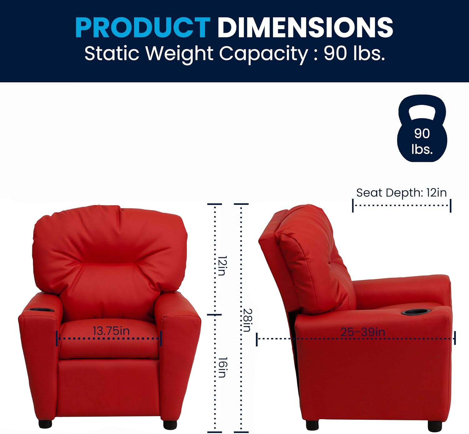 Flash Furniture Chandler Vinyl Kids Recliner with Cup Holder and Safety Recline, Contemporary Reclining Chair for Kids, Supports up to 90 lbs., Red