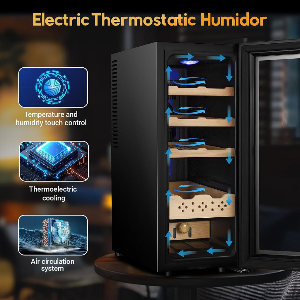 35L Electric Humidor Cabinet–200~250 Count Large Capacity Electric Humidor| Thermostatic Cooling with Spanish Cedar Wood Shelves, Digital LED Screen & Safety Lock |Gift for Men