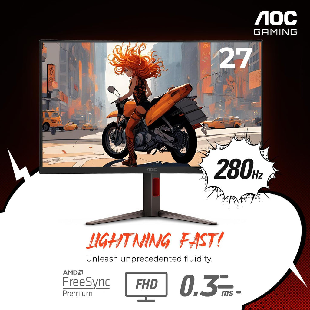 AOC C27G4ZH 27' Curved Frameless Ultra-Fast Gaming Monitor, FHD 1080p, 0.3ms 280Hz, HDMI/DP, Height Adjustable, 3-Year Zero Dead Pixel Guarantee, Black, PS5 Switch Compatible (Renewed)
