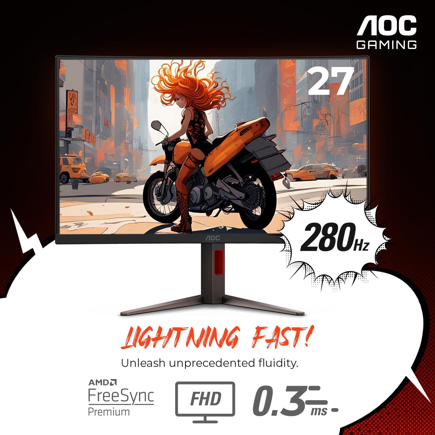 AOC C27G4ZH 27' Curved Frameless Ultra-Fast Gaming Monitor, FHD 1080p, 0.3ms 280Hz, HDMI/DP, Height Adjustable, 3-Year Zero Dead Pixel Guarantee, Black, PS5 Switch Compatible (Renewed)