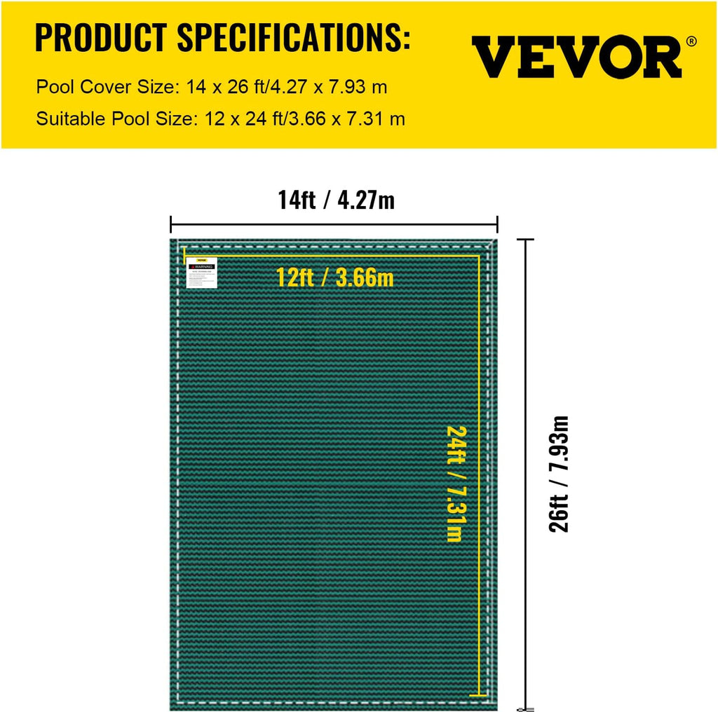 VEVOR Pool Safety Cover Fits 12x24ft Rectangle Underground Safety Pool Cover Green Mesh Solid Pool Safety Cover for Swimming Pool Winter Safety Cover