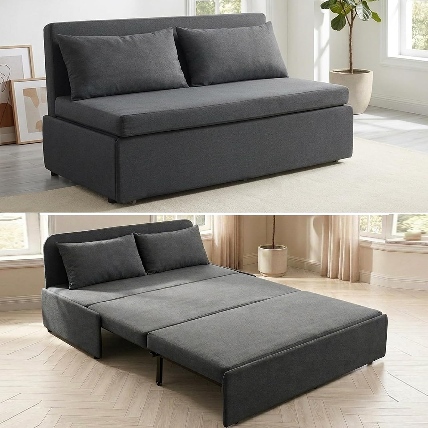 Mjkone 64' W Sofa Bed Queen Size with Pull Out Bed, 2-in-1 Modern Linen Living Room Pull Out Sleeper Sofa Couch Beds with Cushions &Throw Pillows for Apartment Office Studio Small Place, Dark Grey