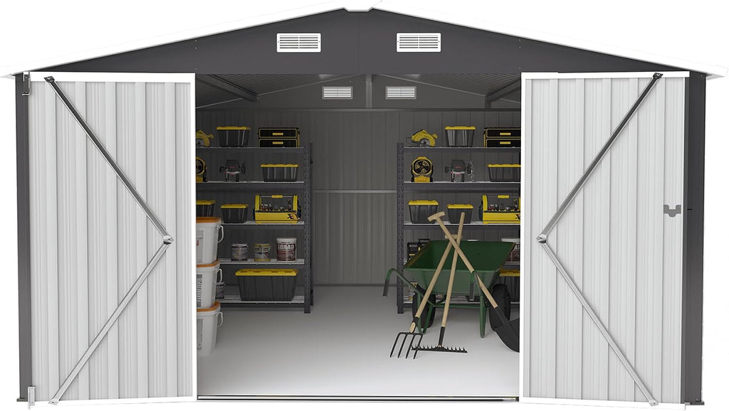 YOPTO 10x14 FT Outdoor Storage Shed, Extra Large Metal Garden Shed with Waterproof Roof, 4 Vents and 3 Lockable Doors,All-Weather Tool Shed Storage House for Backyard, Patio, Lawn,Dark Grey