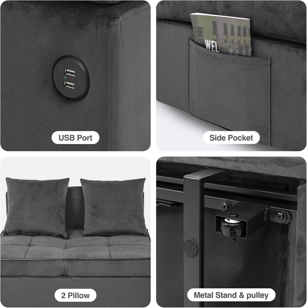 Sofa Bed 4-in-1 Convertible pull out Couch, Velvet Love seat Couch Sleeper Chair Bed with 2 Throw Pillow, Single Recliner with 5 Adjustable Backrests for Living Room Apartment Small Space, Dark Grey