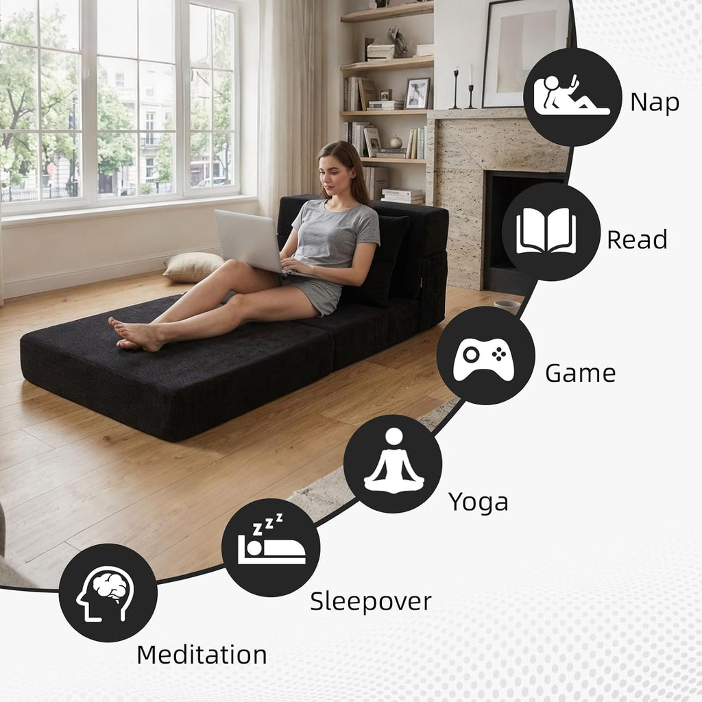 Folding Sofa Bed,Convertible Sleeper Chair with Pillow, Loveseat Fold Out Chair Bed, Memory Foam Floor Couch Mattress, Foldable Futon Couch Lounge for Living Room (Black-Corduroy, Twin)