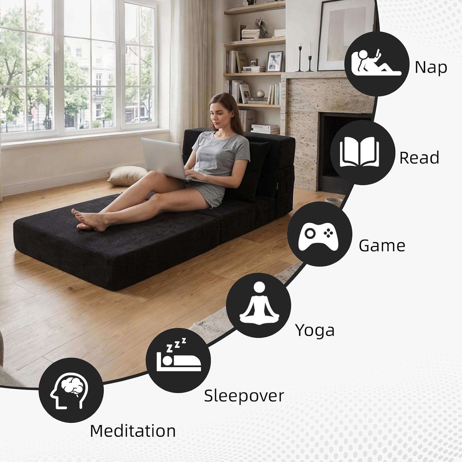 Folding Sofa Bed,Convertible Sleeper Chair with Pillow, Loveseat Fold Out Chair Bed, Memory Foam Floor Couch Mattress, Foldable Futon Couch Lounge for Living Room (Black-Corduroy, Twin)