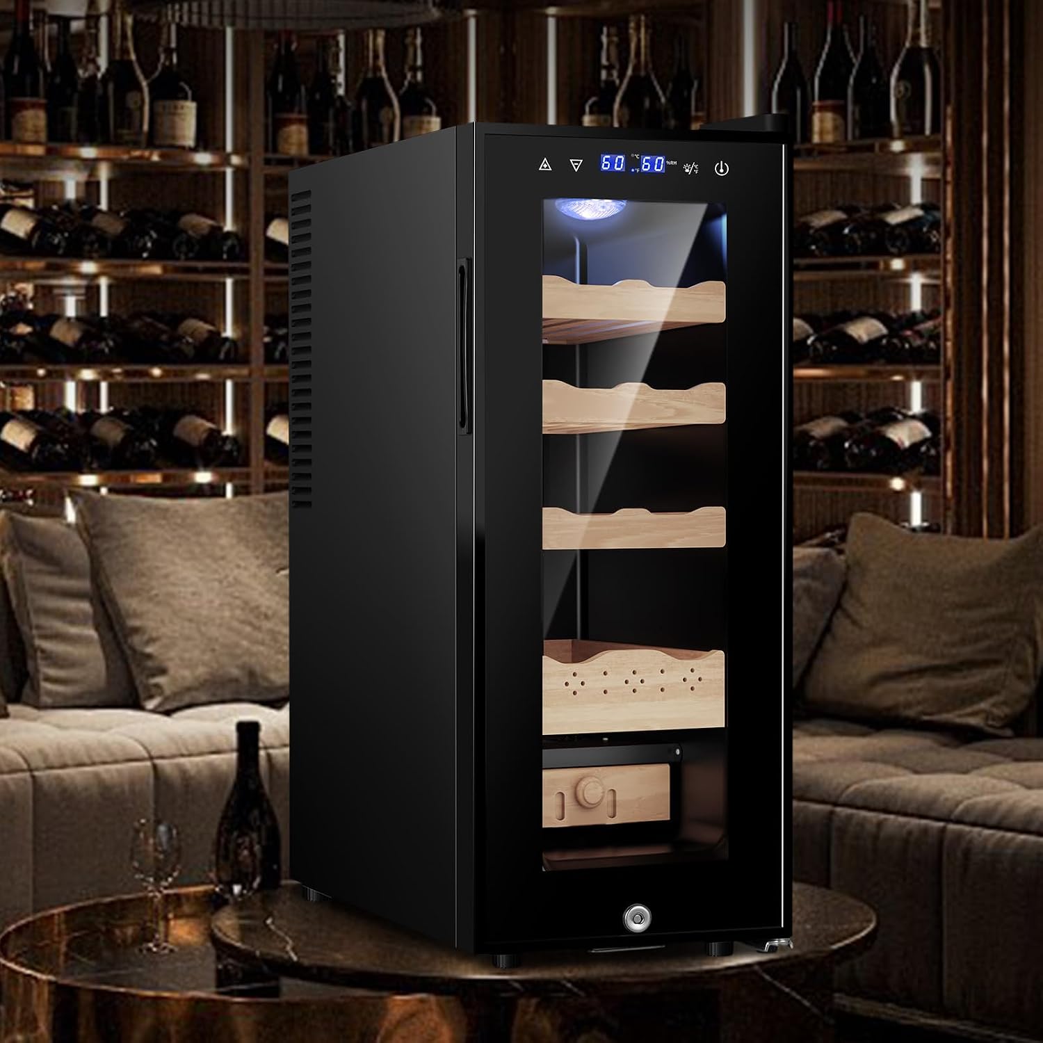 35L Electric Humidor Cabinet–200~250 Count Large Capacity Electric Humidor| Thermostatic Cooling with Spanish Cedar Wood Shelves, Digital LED Screen & Safety Lock |Gift for Men