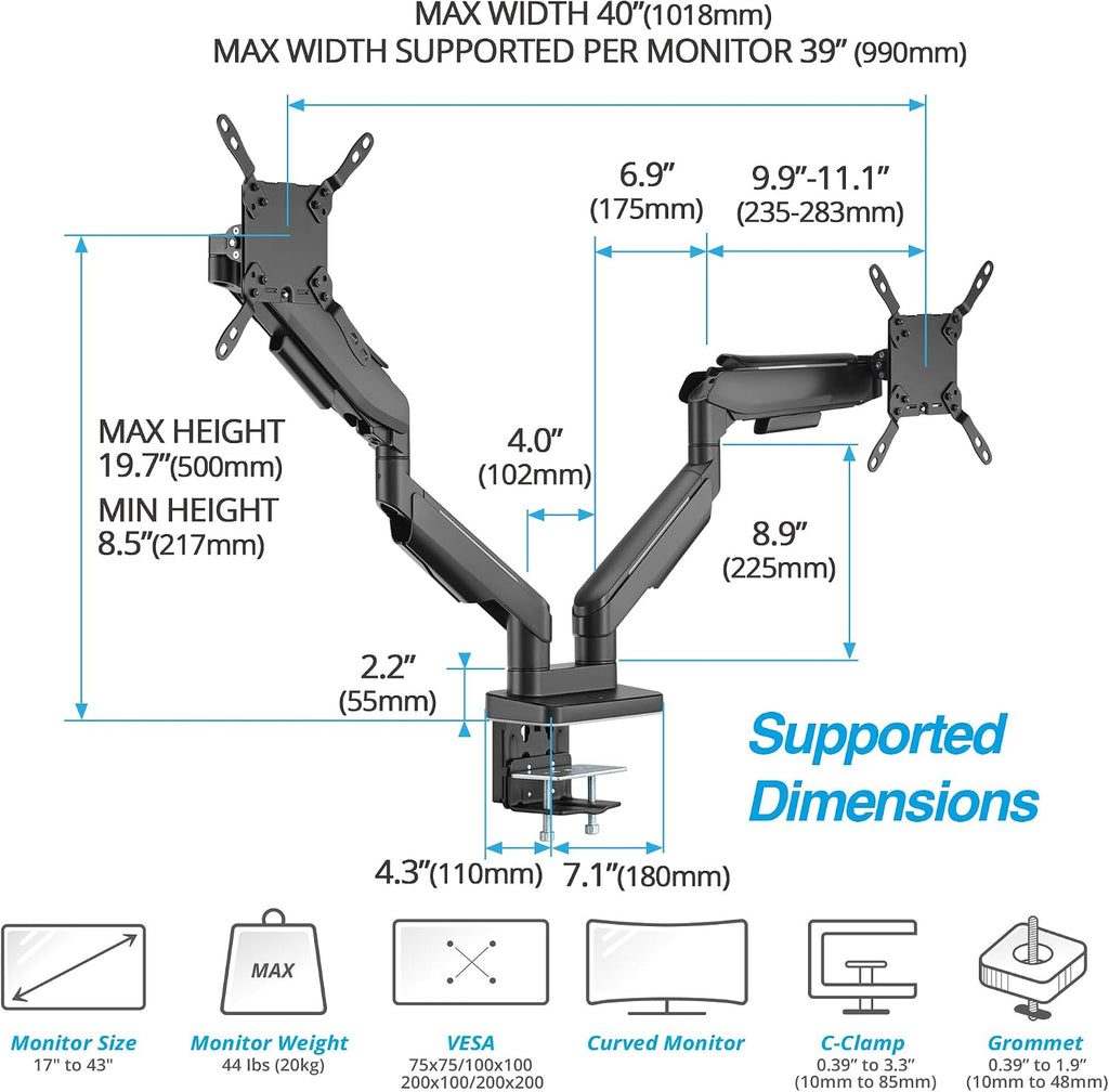 AVLT RGB Lights Dual 17'-43' Gaming Monitor Arm Desk Mount, Fits Two Flat/Curved/Ultrawide Screen up to 44lbs(20kg), Height Swivel Tilt Adjustable Stand - Black