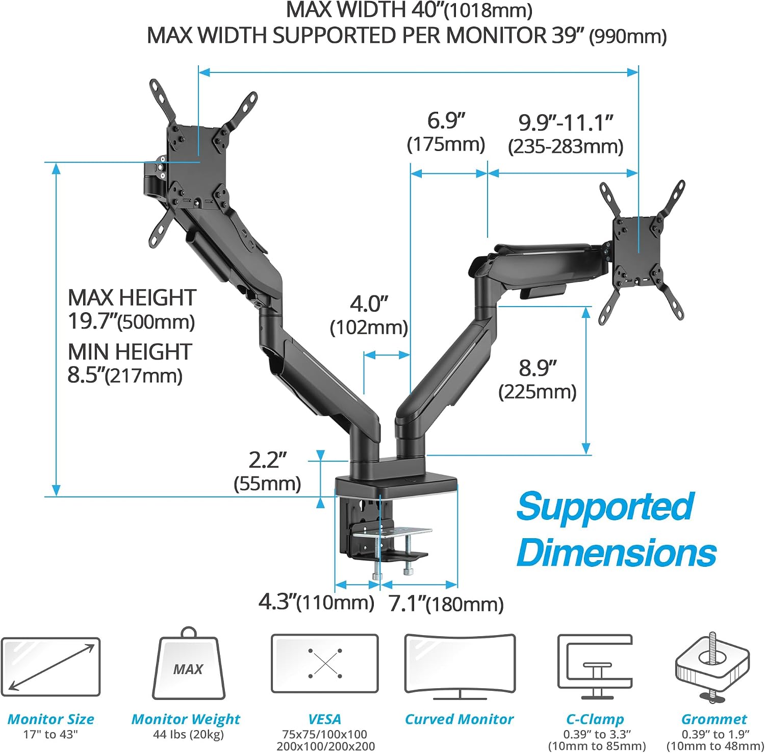 AVLT RGB Lights Dual 17'-43' Gaming Monitor Arm Desk Mount, Fits Two Flat/Curved/Ultrawide Screen up to 44lbs(20kg), Height Swivel Tilt Adjustable Stand - Black