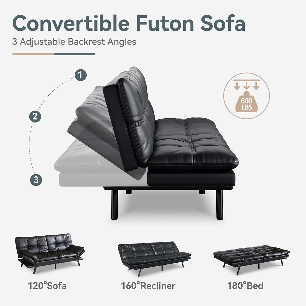 Futon Sofa Bed Convertible Couch, Black Faux Leather Sofa Bed with Memory Foam, Adjustable Backrest & Armrests, Multifunctional Small Loveseat Sleeper Sofa for Living Room, Apartment, Office