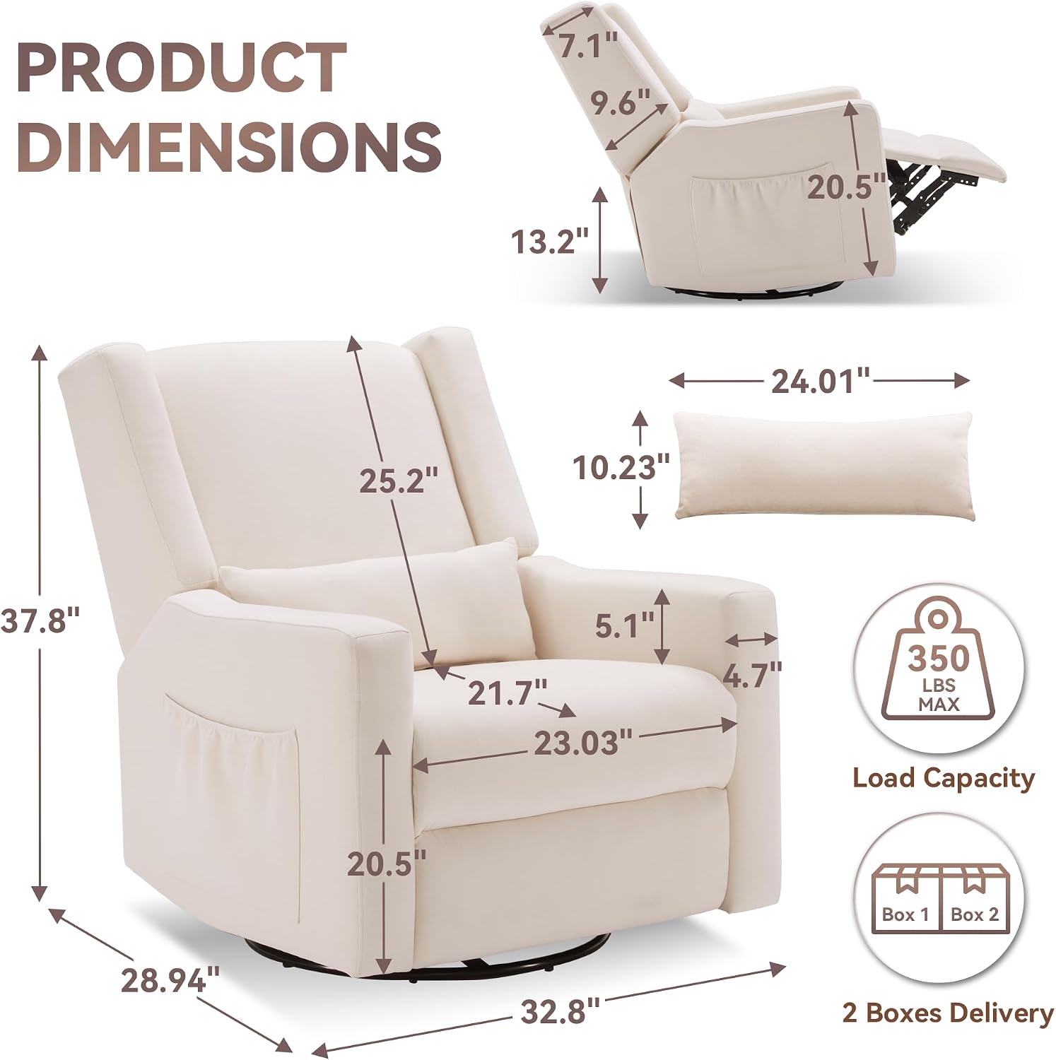 Tbfit Nursery Rocking Chair, 360° Swivel Recliner Chair with Lumbar Support for Bedroom, Comfy Upholstered Armchair with Pillows & Footrest for Living Room & Baby Room