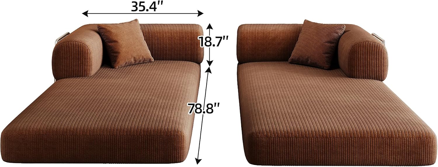 79' Convertible Sofa Bed, Corduroy Folding Pull Out Couch with Pillows, No Assembly Modern Boneless Couch Compression Sofa in Box, Floor Sofa with Support Rods for Living Room,Brown