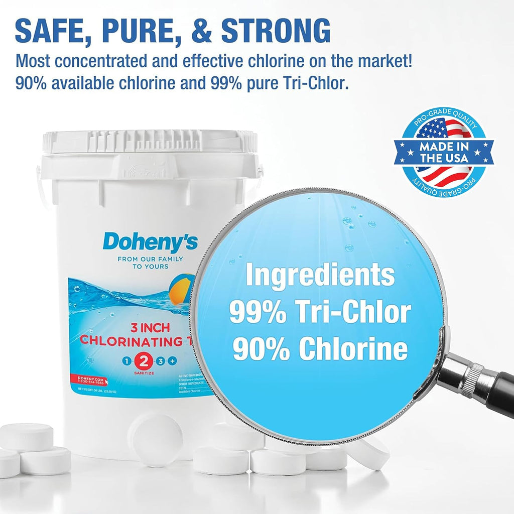 Doheny's 3-Inch Stabilized Chlorine Tablets for Sanitizing Swimming Pools | 99% Pure Tri-Chlor, 90% Available Chlorine | Long-Lasting, UV-Protected, Slow-Dissolving | Individually Wrapped 100lb Bucket