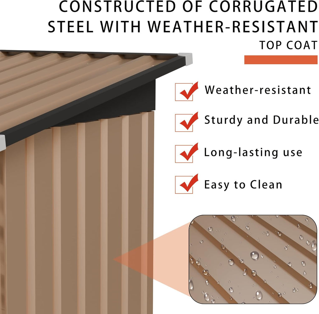 KEIKI 5x3 FT Metal Storage Shed with Pent Roof & Side Hinge Door, Small Outdoor Storage Shed for Garden Tools, Backyard Metal Shed for Patio or Tiny House Use, Brown