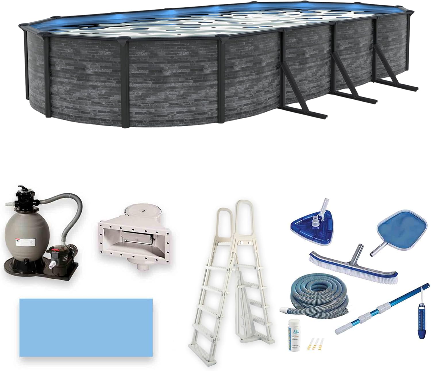 Blue Wave Marbella 15-ft x 30-ft Oval 52-in Deep Above Ground Swimming Pool – Steel Wall & Top Rails, Sand Filter, Skimmer, Liner, A-Frame Ladder & Maintenance Kit – Complete Outdoor Pool Accessories