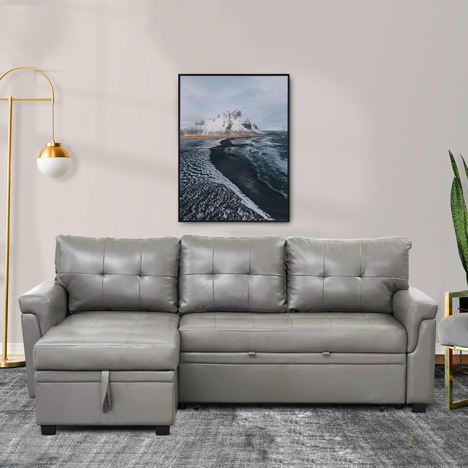 Naomi Home L Shaped Sectional Couch with Storage & Pull Out Bed – 3-in-1 Convertible Sleeper Sofa Bed, Small L Shape Sofa for Living Room, Sofa Bed with Storage Chaise in Gray, Air Leather