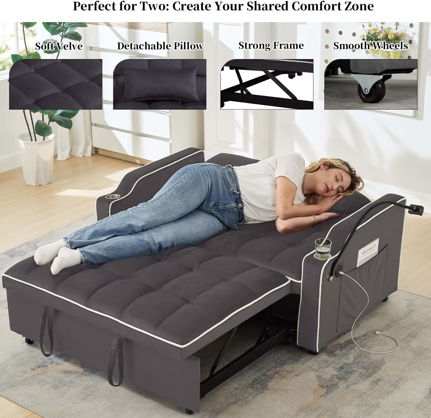 Convertible Sofa Bed, 3 in 1 Futon Sofa Bed with USB Charging Ports, Cup Holder, Phone Stand & Pocket, Modern Upholstered Sleeper Sofa for Living Room, Apartment or Small Space (Grey-L)