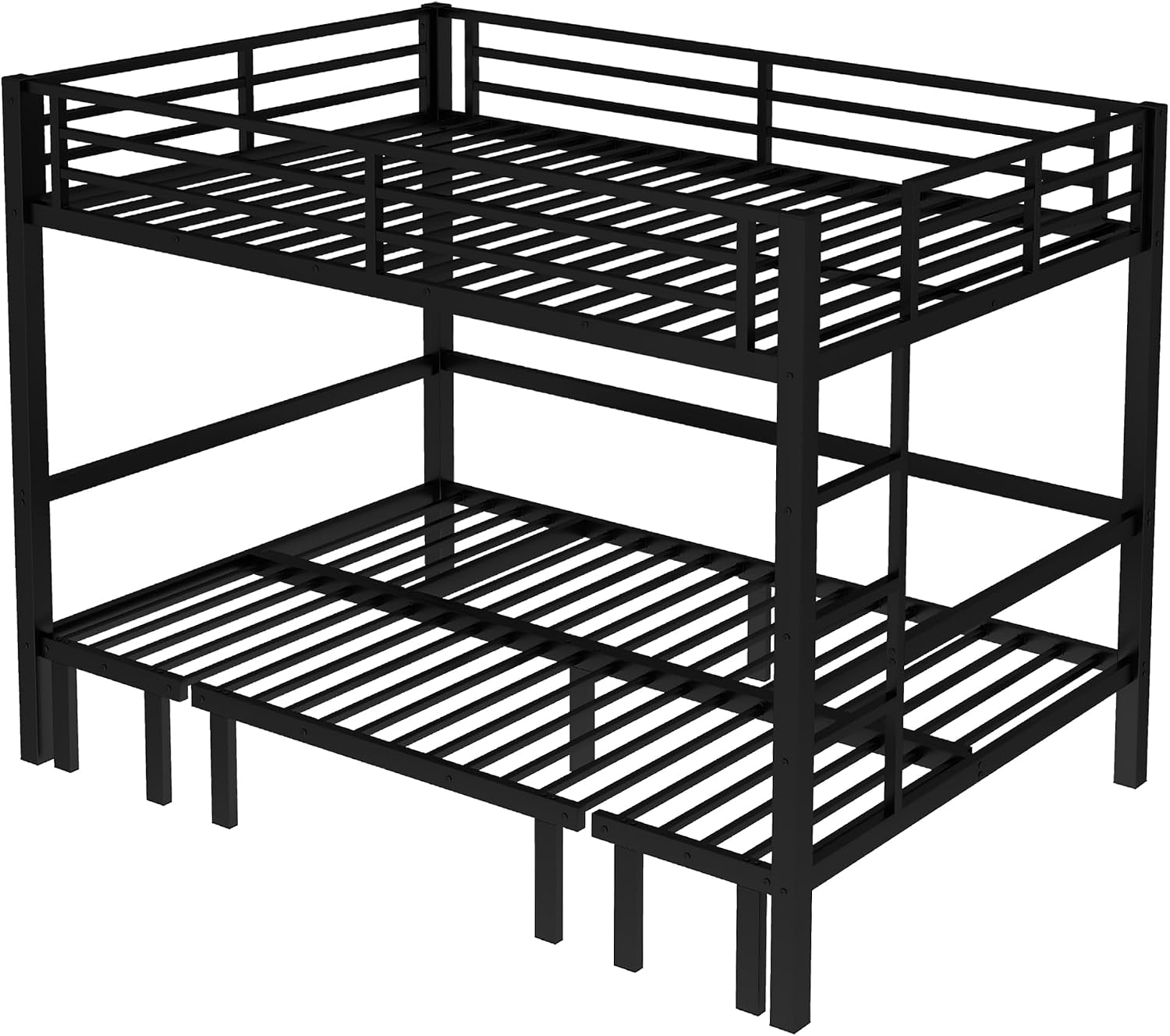 Harper & Bright Designs Queen Over Queen Metal Bunk Bed with Couch, Heavy Duty Bunk Bed Frame with Sofa, Lower Bed Can Be Pulled Out in Three Sections, Black