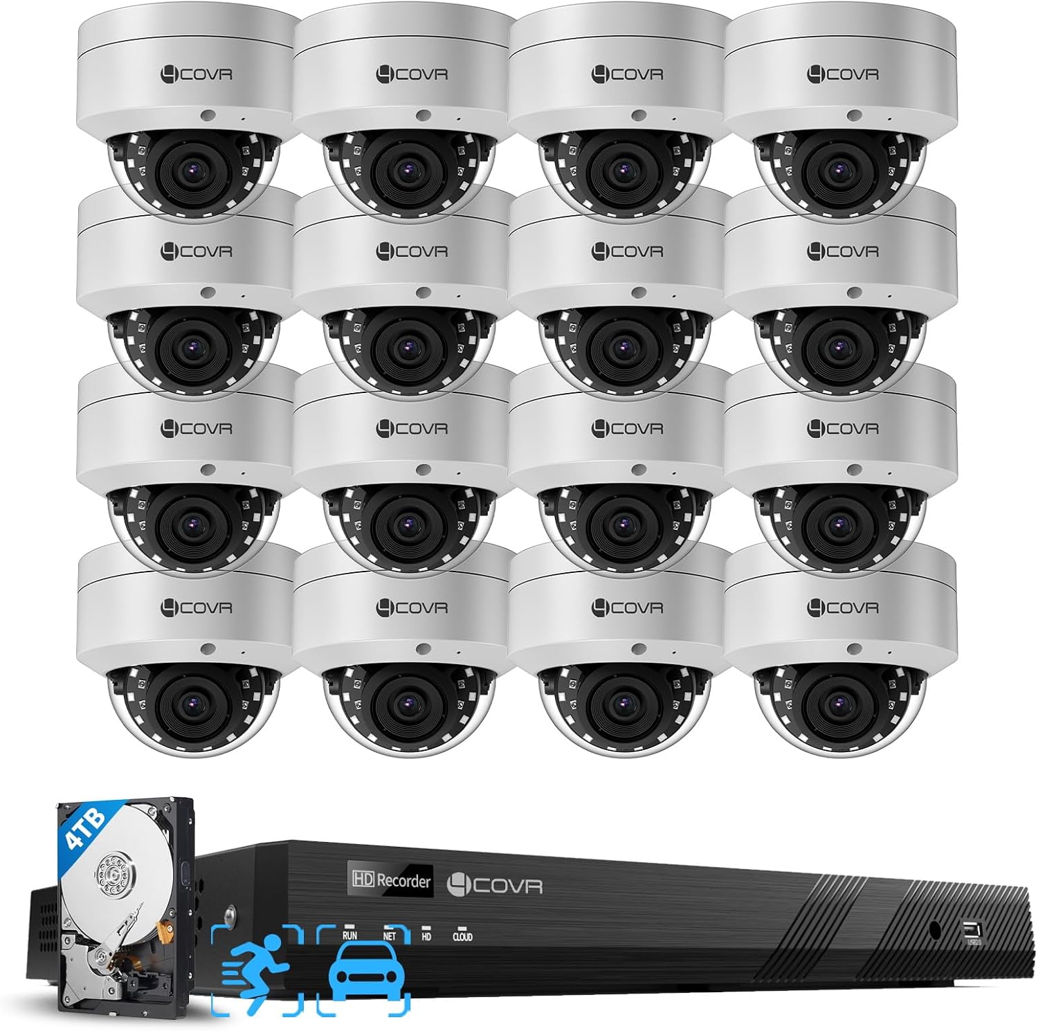 4COVR 4K 16 Channel PoE Security Camera System for Business, 16x 8MP IK10 Vandal-Proof IP67 Dome Commercial IP Camera, Remote Access, UHD NVR 4TB, Human Vehicle Detection, 24/7 Recording, LY54AX8M1616