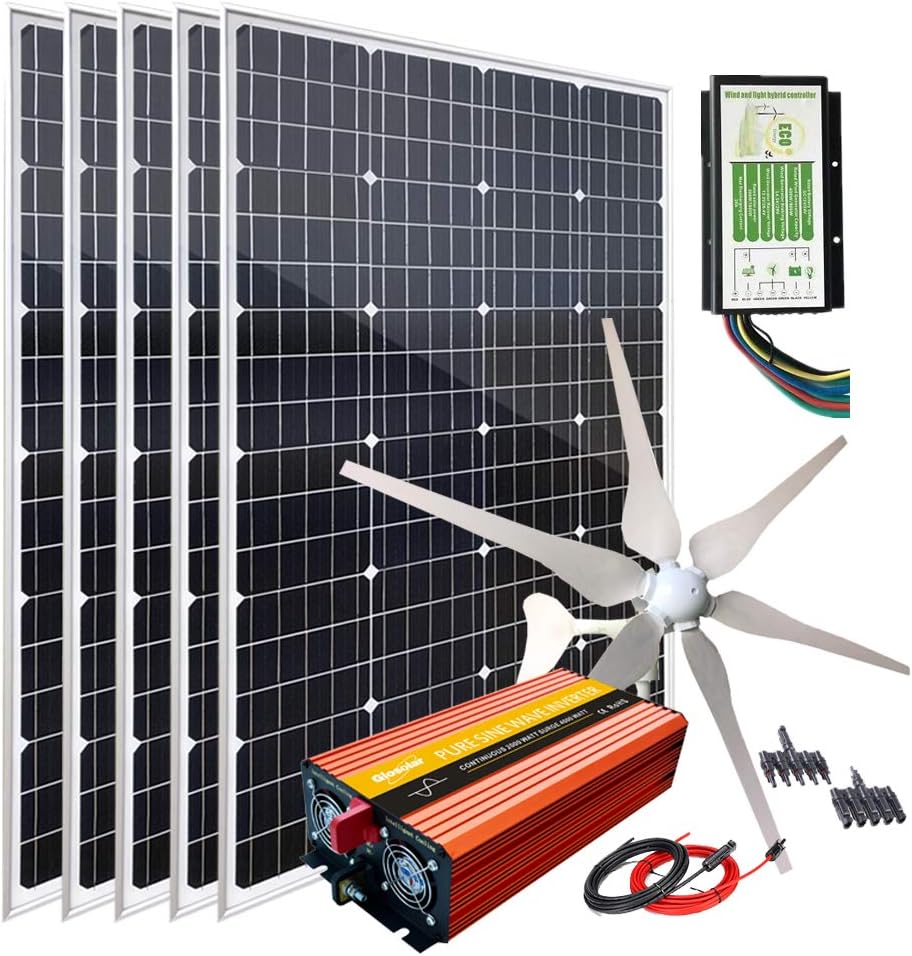 1000W Wind Turbine Generator Kit with 5pcs 120W Solar Panel Monocrystalline + 400W 12V Windmill + 2000W DC 12V to AC 120V Power Inverter + Hybrid Charge Controller