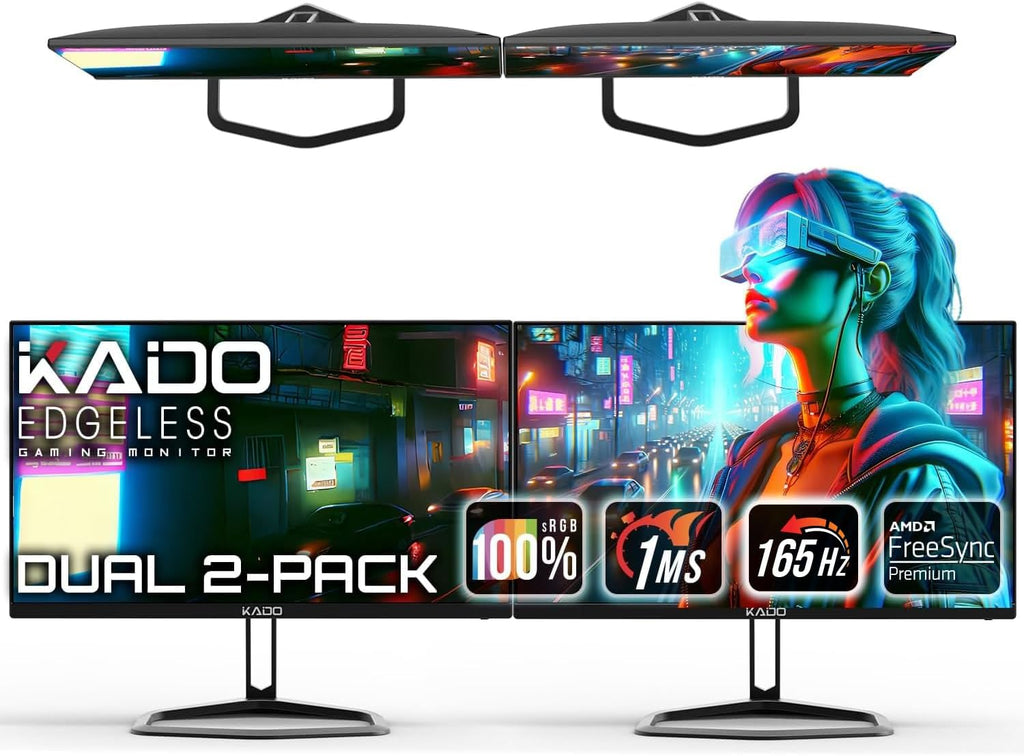 Kado Dual Gaming Monitor Setup - 2-Pack 24.5' 165Hz 1ms 1920x1080 Flat Screen, AMD FreeSync Premium, Panoramic Gaming Multi-View Split Screen Streaming, VESA Mount HDMI DisplayPort Built-in Speakers