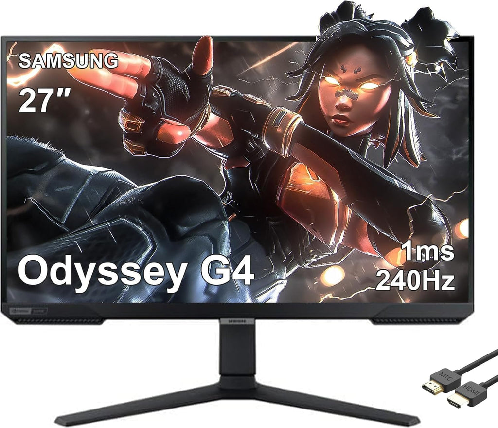 SAMSUNG 27' Odyssey G4 Series FHD Gaming Monitor, 240Hz, 1ms, G-Sync Compatible, AMD FreeSync Premium, Ultrawide Game View, HDR 10, IPS, DisplayPort, HDMI, Black, with MTC HDMI Cable