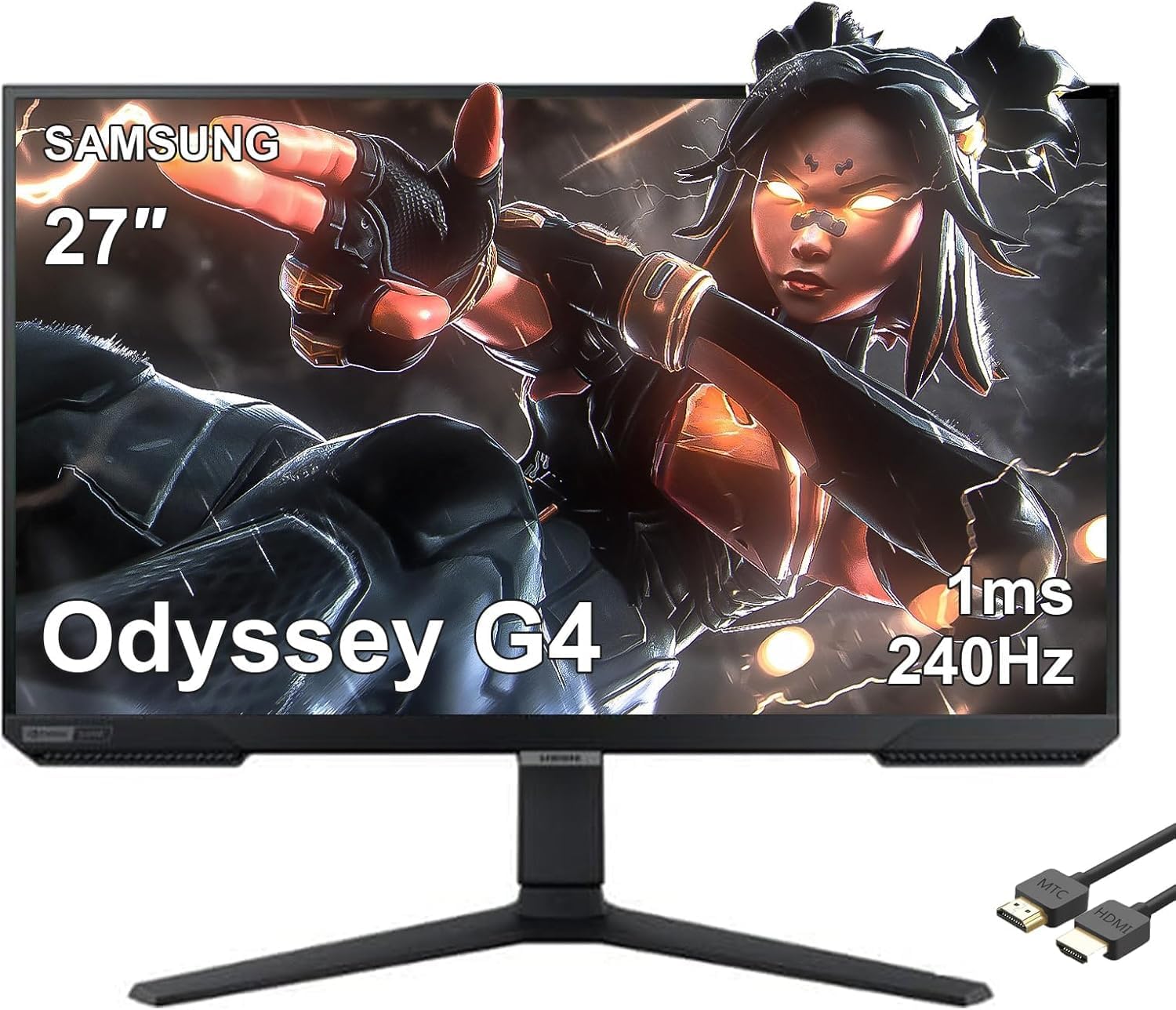 SAMSUNG 27' Odyssey G4 Series FHD Gaming Monitor, 240Hz, 1ms, G-Sync Compatible, AMD FreeSync Premium, Ultrawide Game View, HDR 10, IPS, DisplayPort, HDMI, Black, with MTC HDMI Cable
