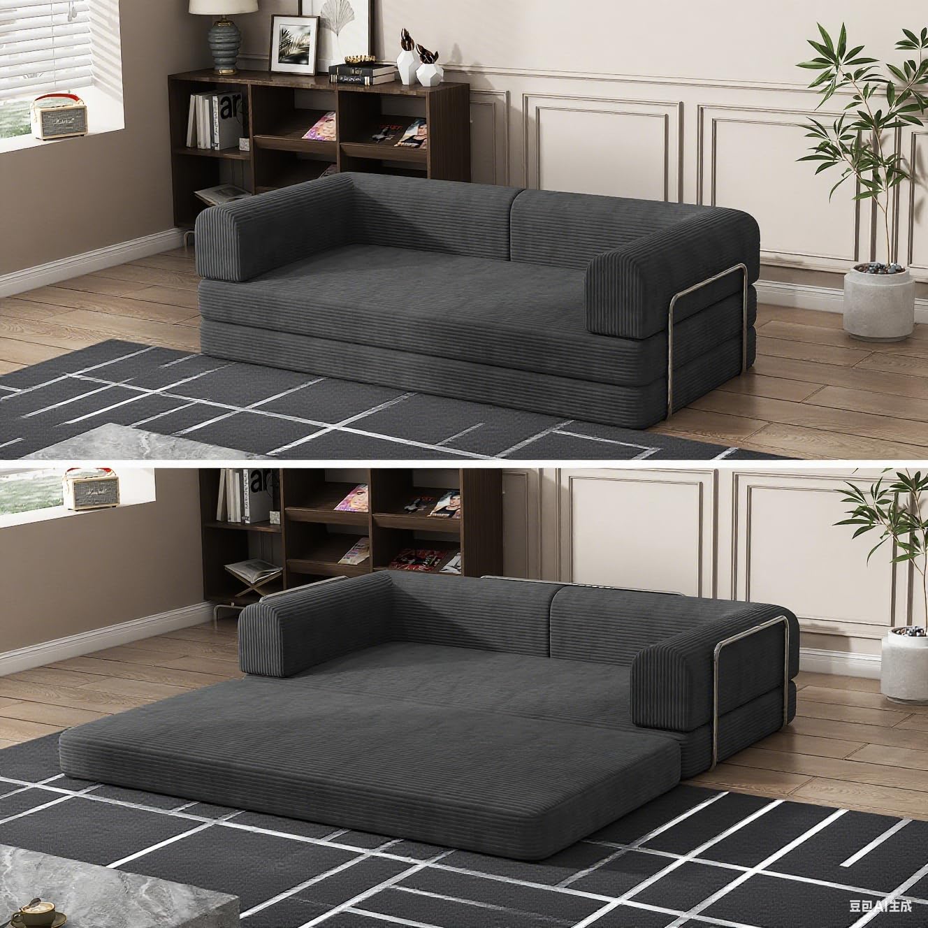 Convertible Corduroy Sleeper Sofa Bed,Folding Mattress Couch with Fixed-Shape Frame, 3 Seater Fold Out King Size Futon,No Assembly Floor Couch for Living Room Dorm Studio 78.7*39.4*29.6 in Black