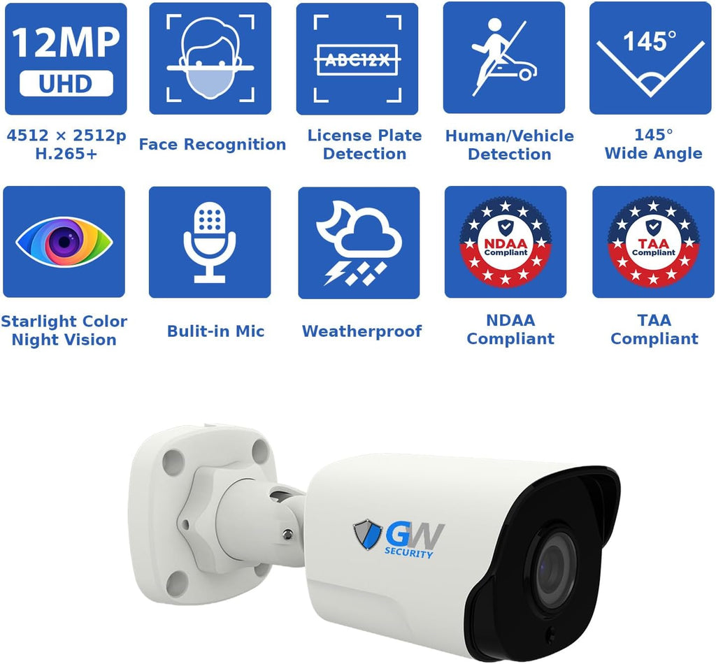 GW Security 16 Channel NVR UltraHD 12MP 6K Face/Human/Vehicle Detection PoE Security Camera System with 8 x 12MP IP Microphone Smart AI Bullet Cameras, Color Night Vision, Outdoor/Indoor Camera