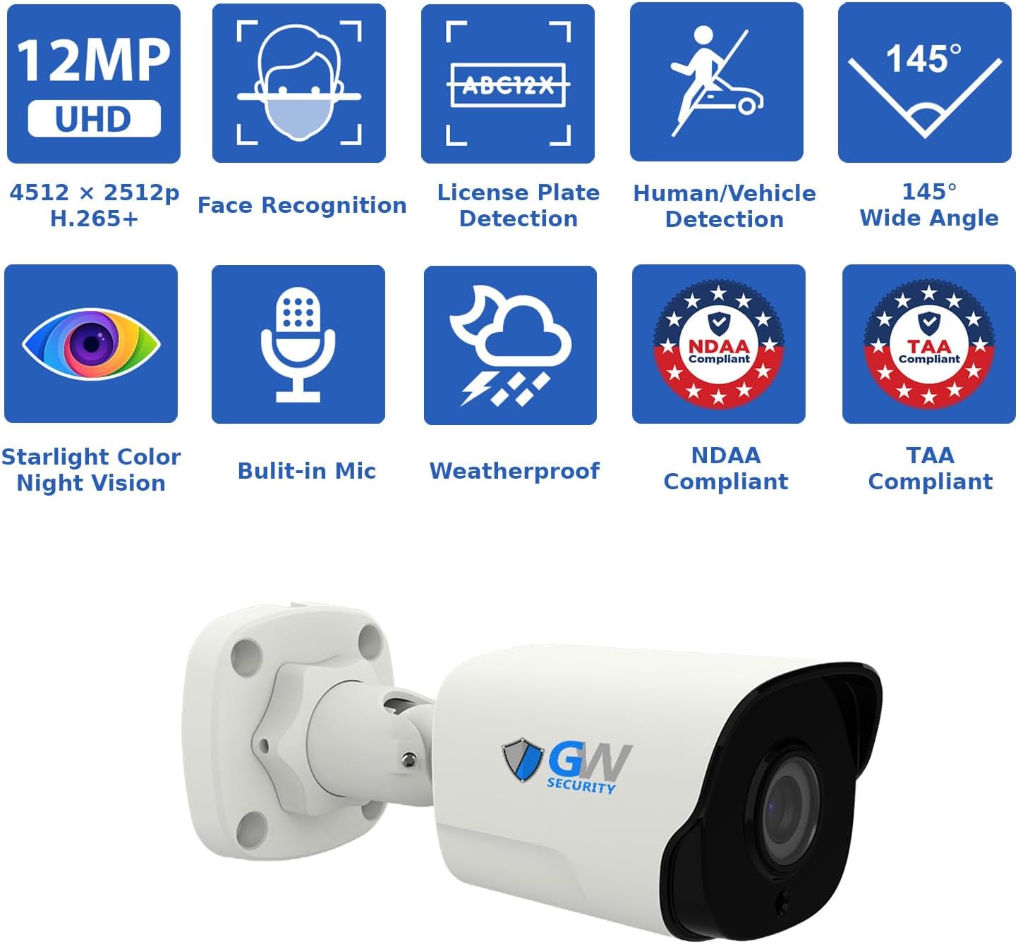 GW Security 16 Channel NVR UltraHD 12MP 6K Face/Human/Vehicle Detection PoE Security Camera System with 8 x 12MP IP Microphone Smart AI Bullet Cameras, Color Night Vision, Outdoor/Indoor Camera