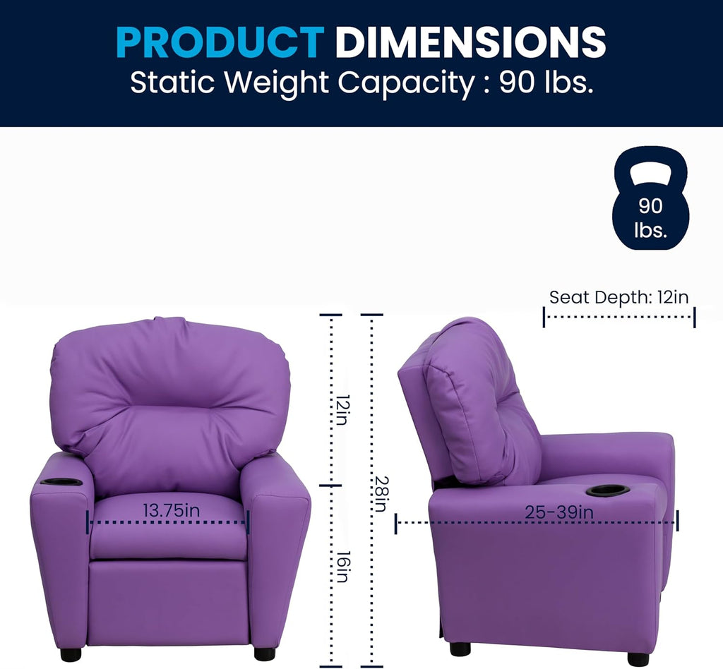 Flash Furniture Chandler Vinyl Kids Recliner with Cup Holder and Safety Recline, Contemporary Reclining Chair for Kids, Supports up to 90 lbs., Lavender
