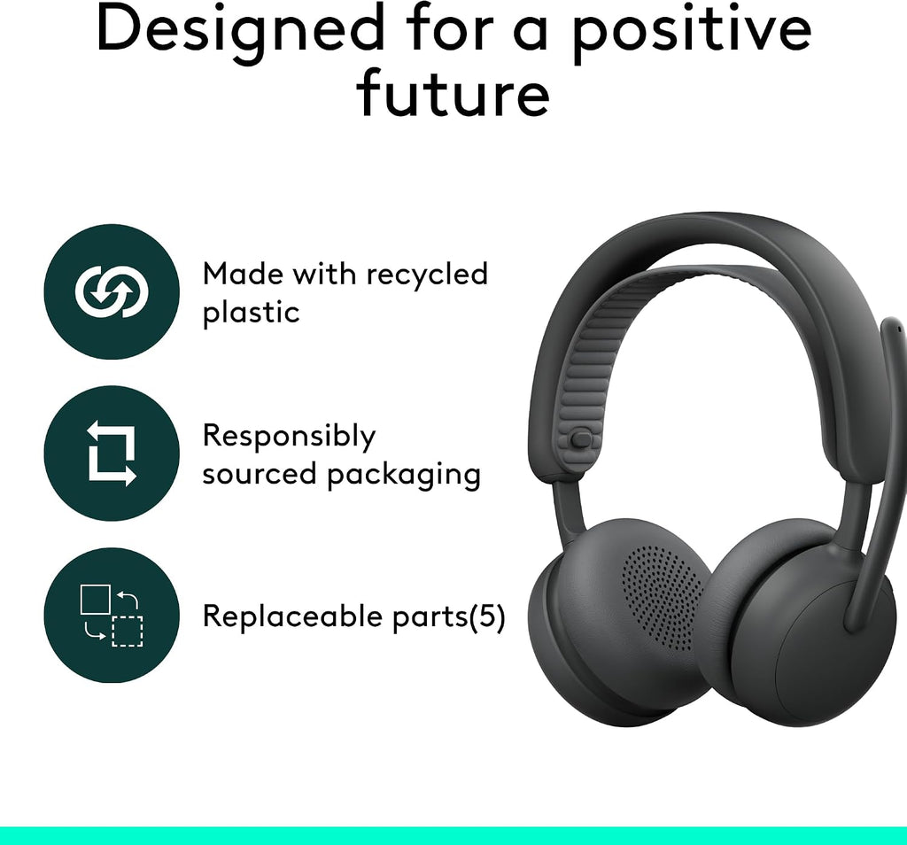 Logitech Zone Wireless 2 ES for Business - Noise-Canceling Wireless Headset with Adaptive Hybrid ANC, Bluetooth, USB-C & USB-A, Zoom & Google Certified - Graphite