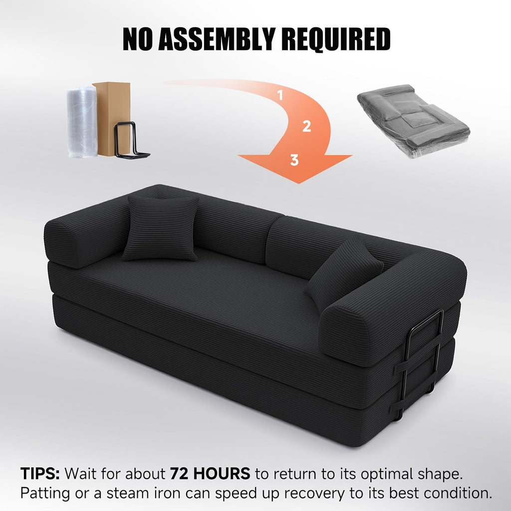 79' Compressed Sofa, Convertible Sofa Bed, Corduroy Compression Boneless Couch with Pillow, Comfy Modular Foldable Floor Sleeper Sofa for Bedroom, Living Room, Lounge, Studio (Black)